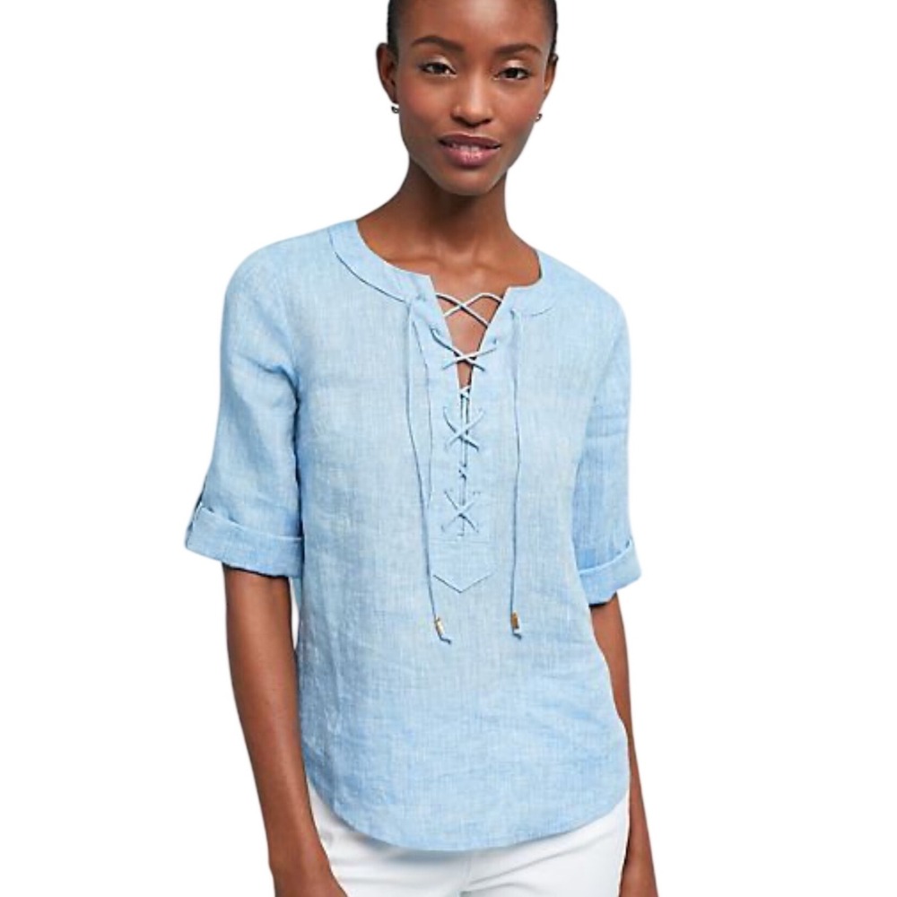 Maeve Anthropologie 100% Linen Lace Up Blouse Top Blue Roll Tab Sleeve Size 2